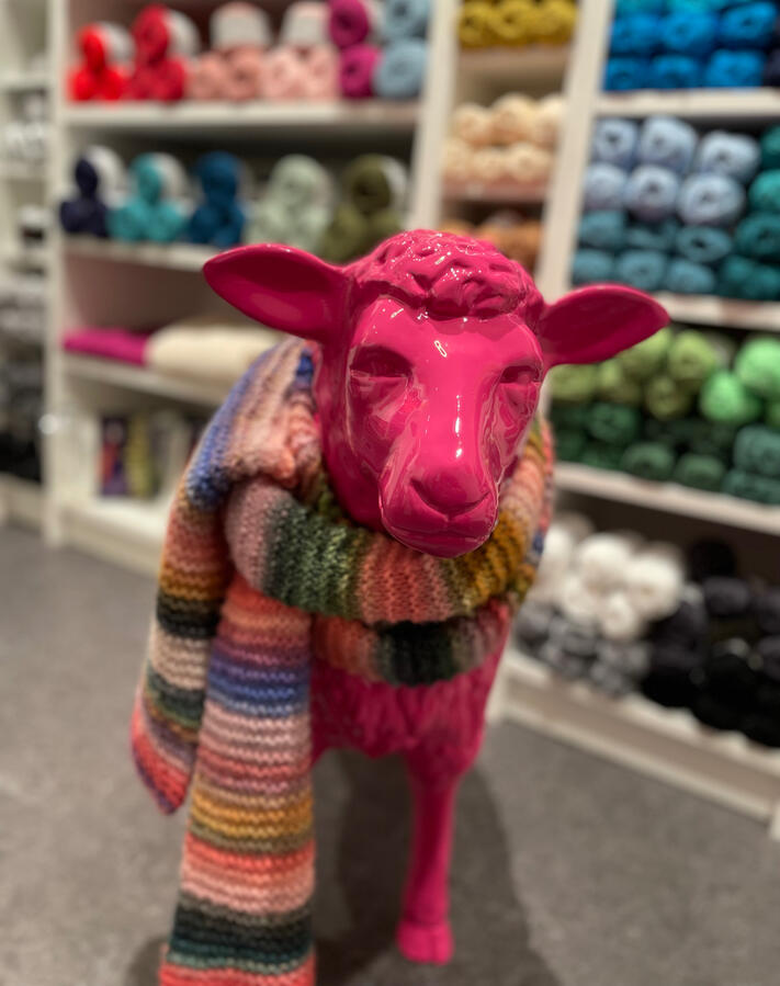 Eine Pinkes Schaf trägt einen bunten Schal.